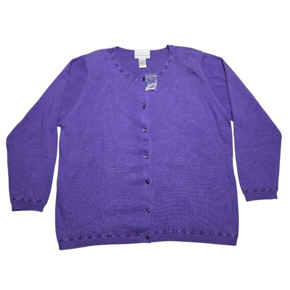 Susan Graver Sweater Womens 1X Purple Beaded Cardigan Button Front 49 in Chest - Picture 1 of 14